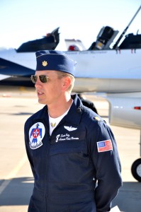 Major Scott Petz, Thunderbird Advance Pilot and Show Narrator, provides a media interview upon his arrival at MAF.
